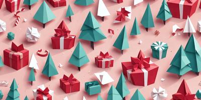 The primary subject of the image is a collection of red and green Christmas trees. The setting is a pink background, and the visual style is a combination of digital art and illustration. The dominant colors are red and green, creating a festive and joyful atmosphere.